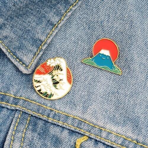 New Art Painting Sea Wave Pins Ocean Brooches Mountain Sunrise Badges Blue Waves Enamel Collar Pin Collection Jewelry