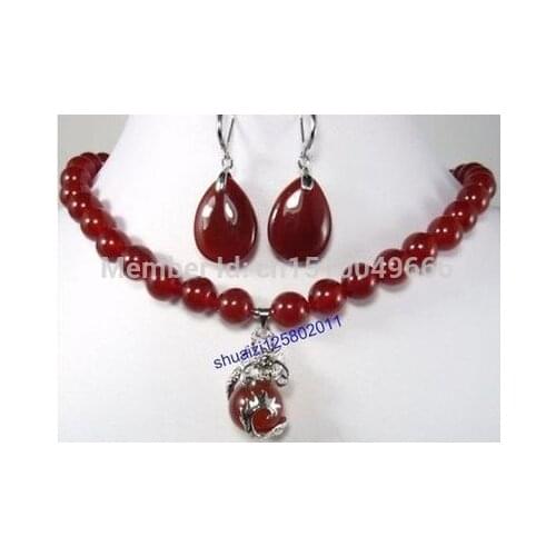 ER135 Hot sale FREE SHIP>>>17 " beautiful red jade necklace earrings set