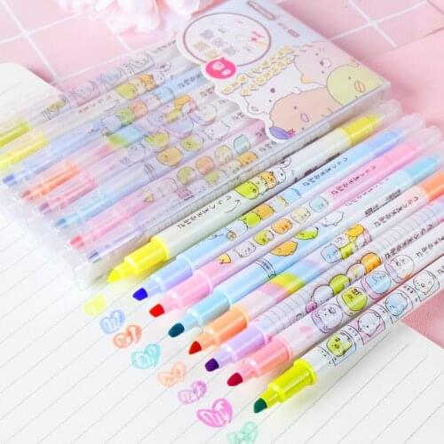 8 Colors/Set Double Head Fluorescent Pen Flet Tip Pastel Color Highlighter Pen Marker Soft Color For School Marker Stationery