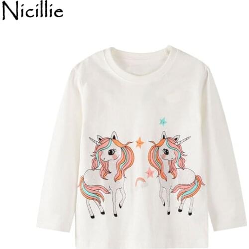 Nicillie Long Sleeve Girls T-shirts Cotton Toddler Tees Unicorn Children Tops Solid Kids T-shirts Autumn Winter Girls Clothing
