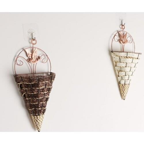 Simulation Vase Flower Basket Triangle Wall Hanging Wrought Iron Rattan Wall Hanging Floral Interior Decoration Hanging Basket F