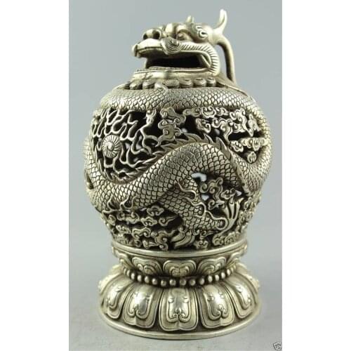 CHINESE OLD WHITE COPPER HANDWORK DRAGON INCENSE BURNER