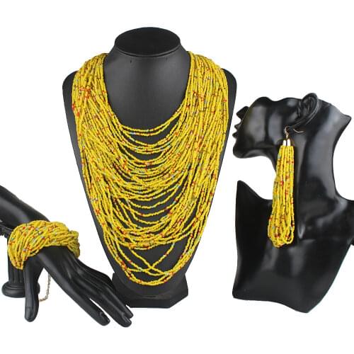 Claire Jin Multi Layer Necklace Bracelet Earrings Woman Jewelry Set Bohemian Handmade Strand Small Beads Three Pieces Boho Trend