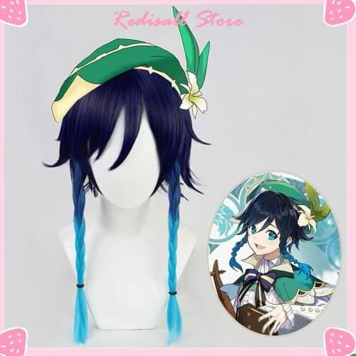 Venti Wig Genshin Impact Cosplay Gradual Blue Long Twin Braids Braided Heat Resistant Hair Women Halloween