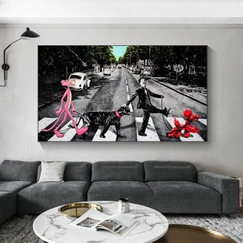 Black And White Dog Walk On The Road Posters and Prints Graffiti Street Canvas Painting Wall Pictures for Living Room Home Decor