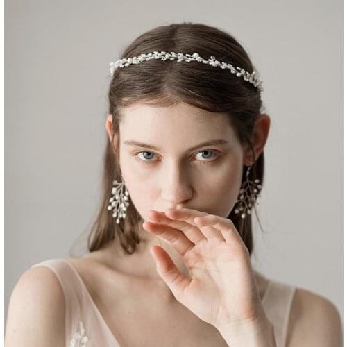Pearls Beaded Headband Bridal Party Hair Band Vine Bracelet Earrings Set
