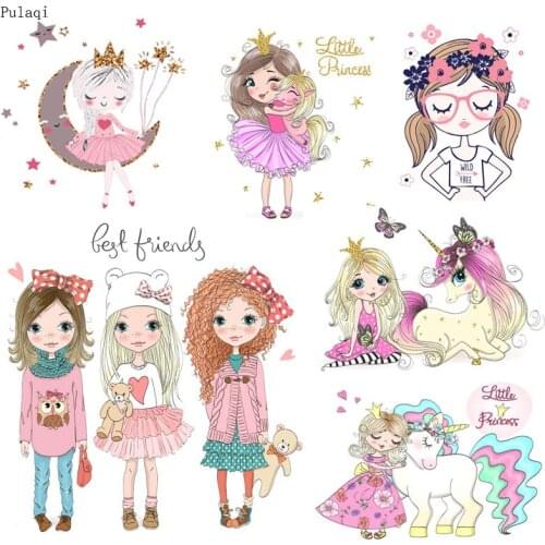 Pulaqi Princess Iron On Transfers Patches For Clothes Kids Heat Transfer Vinyl T shirt Iron Cartoon Patch Thermal Applique