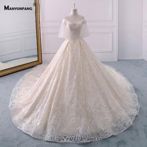 Luxury Cathedral Train Embroidery Appliques Off the Shoulder Bridal Ball Gown 100% Real Beading Sweetheart Neck Wedding Dress