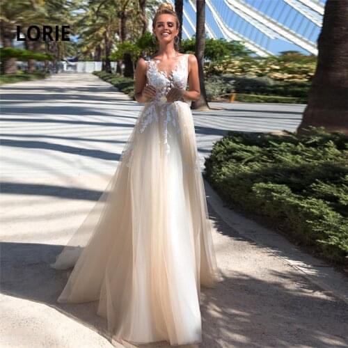 LORIE 2020 Boho Wedding Dress Lace Appliques Tulle A-Line Wedding Dress V-neck Sleeveless Princess Bride Dress Vestido De Noiva