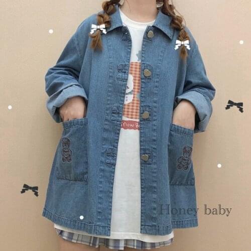 Vintage Bear Embroidery Cute Girls Jeans Shirt Button Down Womens Blouse Long Sleeve Autumn Loose Big Pockets Tops