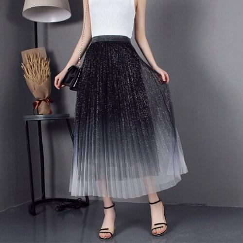 2020 Summer Fashion High-waisted Color-changing Pleated Mesh A-line Long Tulle Skirts Womens High Waist Vintage sexy lace Skirt