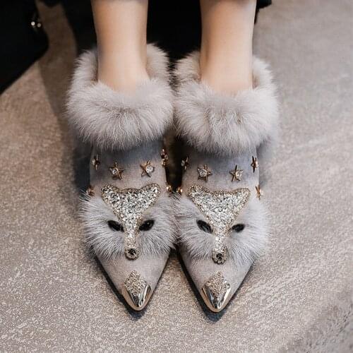 Womens Pointed Metal Toe Real Fox Fur Crystal Diamond Bling Ankle boots Block Med Heel Warm Winter Luxury Shoes Black Gray New