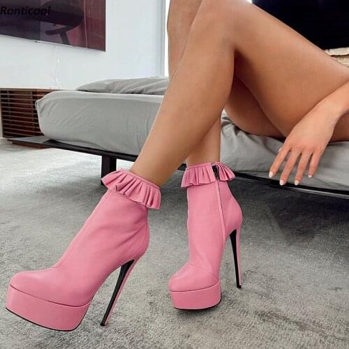Ronticool Women Winter Platform Ankle Boots Ruffles Stiletto Heels Round Toe Pink White Black Night Club Shoes Plus US Size 5-20