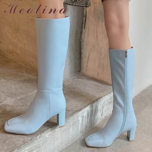 Meotina Women Shoes Genuine Leather Knee High Boots Platform Thick High Heel Boots Square Toe Zipper Shoes Autumn Winter Pink 40
