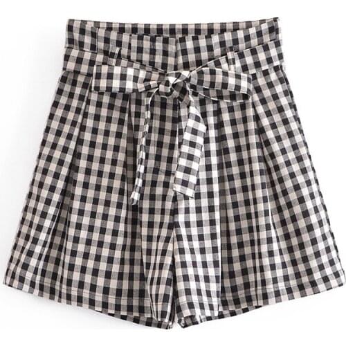 Women Shorts Plaid Print Bow Tie High Waist Summer Casual Fashion Shorts 2021 New