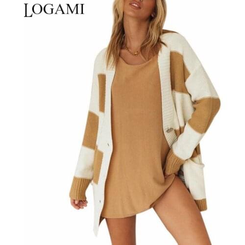 LOGAMI Striped Colorblock Single Breasted Pocket Cardigan Women Autumn Winter Sweaters Woman Loose Knitwear