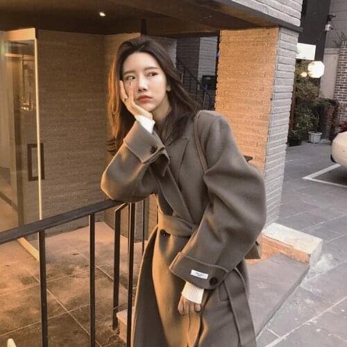 Lace-up cashmere mid-length womens bat sleeve double-sided woolen coat