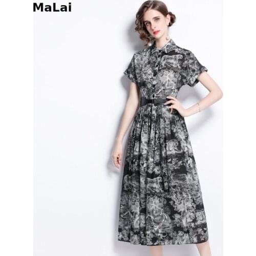 One Piece Summer Dress 2021 Fashion Runway Vacation Womens Lapel Short Sleeve Animal Print With Belt Elegant Party Long Dress