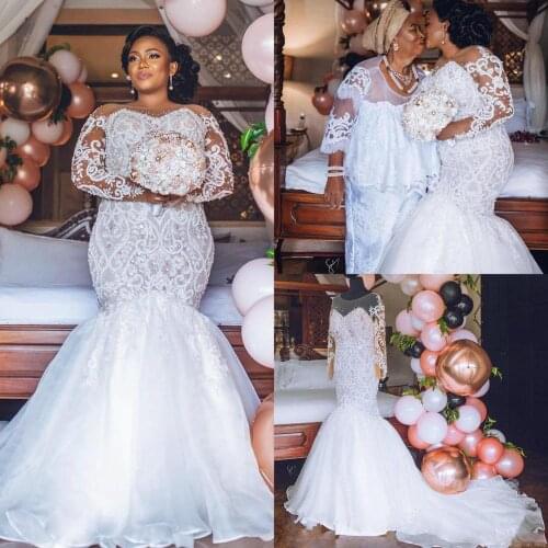 Africa Plus Size Wedding Dresses Long Sleeves Beaded Lace Appliques Mermaid Bridal Gowns Custom Made robes de mariée 2021