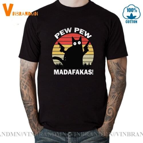 Black Cat Pew Pew Madafakas T-Shirts Boys Funny Animal Cat With Gun Meme Retro Humor Tops Tees male Clothing Drop Ship