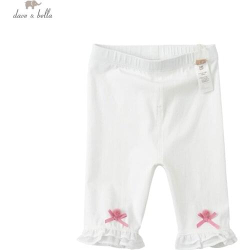 DBJ16498-2 dave bella summer baby girls fashion bow solid pants children calf length kids pants infant toddler trousers