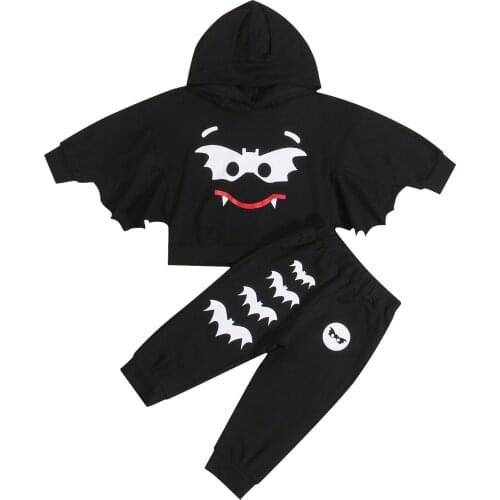 1-5Y Children Halloween Clothes Set Cartoon Long Sleeve Batwing Hoodie and Long Pants 2Pcs Autumn Outfits Halloween Costume