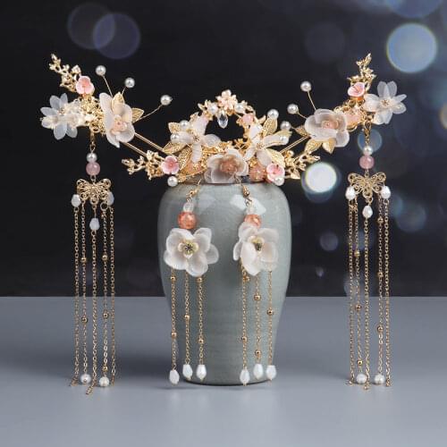 Chinese Hair Sticks Hanfu Long Tassel Hair Stick Flower Crystal Pearl Hair Pins Traditional Classical Style Handmade Jewelry