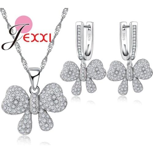 Pretty CZ Bow Design Pendant Necklace Earrings Jewelry Sets 925 Sterling Silver Accessories Wholesale