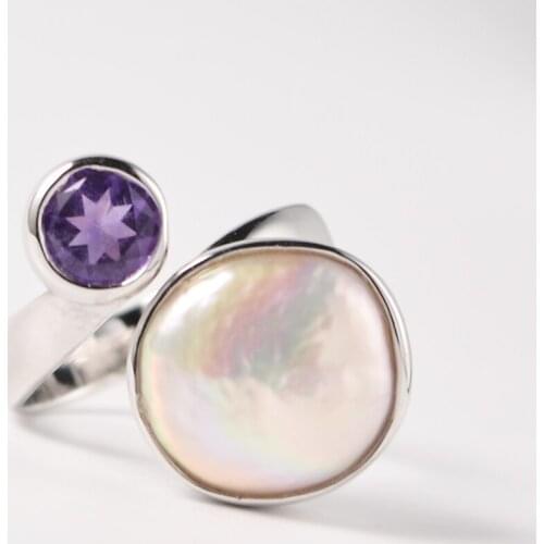 MIQIAO Adjustable Silver Ring Natural Stone Amethyst Pearl Fashion Jewelry 925 Sterling Trendy Wedding Birthday Anniversary Gift