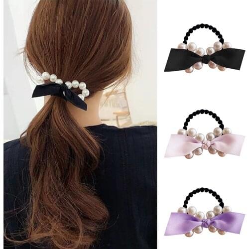 Fashion Pearl Women Hair Rope Elastic Bow Girls Hair Band Ponytail Holder Ladies Rubber Bands Hair Accessories