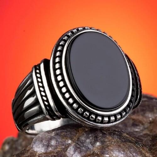 Oval Black Onyx Gamestone Plain Model Men Ring Vintage Handmade Turkish Men Jewelry