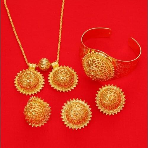 Ethiopian Jewelry Set Two Pendants Necklace Earrings Ring Bangle Gold Color Jewelry Metal Plating African Traditional Sets