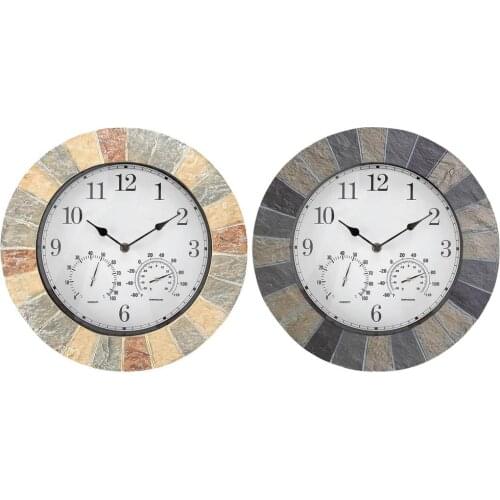 Faux Slate Wall Clock Resin Clock Waterproof Outdoor Retro Creative European Style With Thermometer Hygrometer