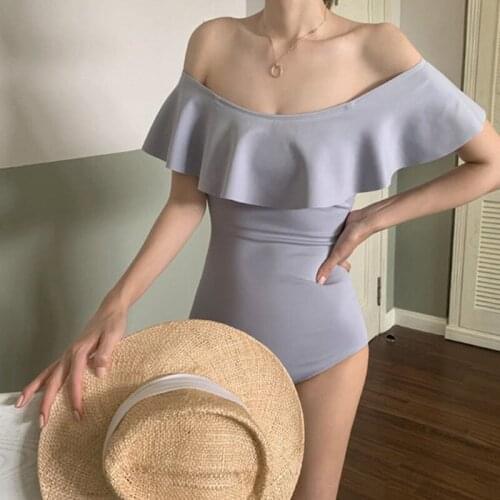 2021 New Korean Style Women One Piece Swimsuit Solid Ruched Ruffle Sexy Monokini Swimwear Bathing Beach Suit Beachwear