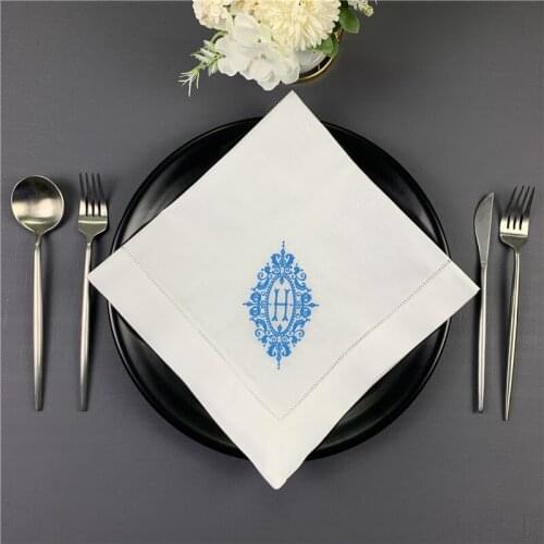 Napkins Monogrammed Dinner Napkins White linen Hemstitch Table Napkins 20"x20"Ladder Embroidered Initial H Tea Napkins