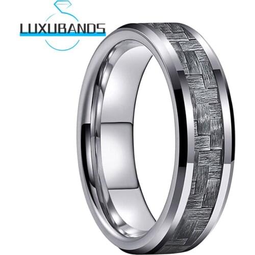 6MM Women Mens Tungsten Wedding Rings Grey Carbon-Fiber Inlay Engagement Beveled Edges Polished Finished Comfort Fit