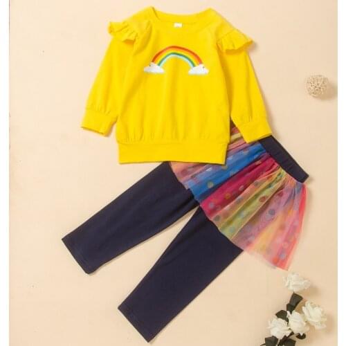 Toddler Girl Clothes Fashion Clothes 2pcs Set Rainbow Print Long Sleeve Tops+colorful Mesh Trousers Fall Baby Girl Clothes 1-6Y