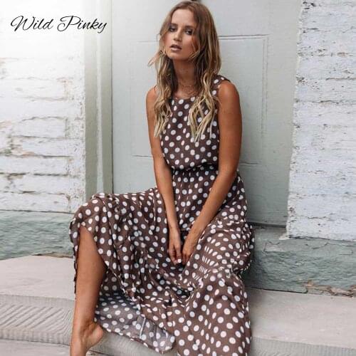 WildPinky Polka Dot Print Maxi Dress O Neck Tunic Dress Beach Summer Sundress Casual Vestidos Loose Vintage Long Dress Female