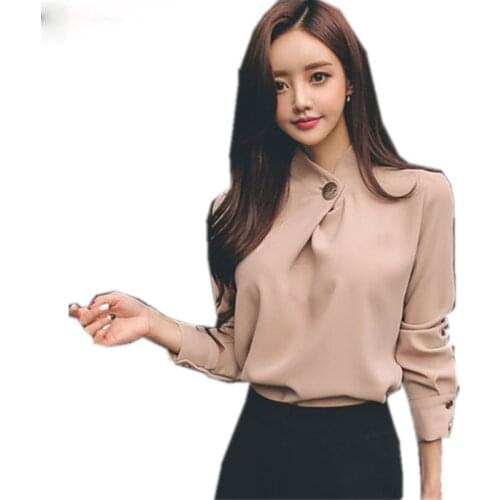 Spring Fall Chiffon Shirts Long sleeve Stand collar Blouse Women Elegant Office Ladies Solid Wild Blusa Womens Tops 2021 New