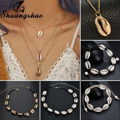 Shuangshuo Seashell Pendants Necklaces Three Layers Chian Necklace For Women Gold Choker Boho Sea Shells Jewelry colier femme