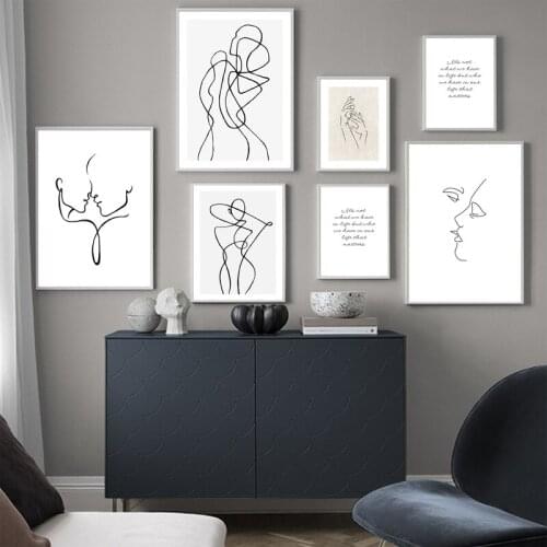 Nordic Canvas Painting Abstract Line Art Poster Kiss Face Hand Quotes Wall Art Print Minimalist Picture Living Room Decoration