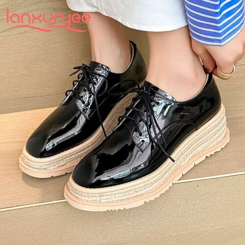 Lanxuryee patent leather bright round toe straw wedges high heels cross-tied European style young lady leisure women pumps L87