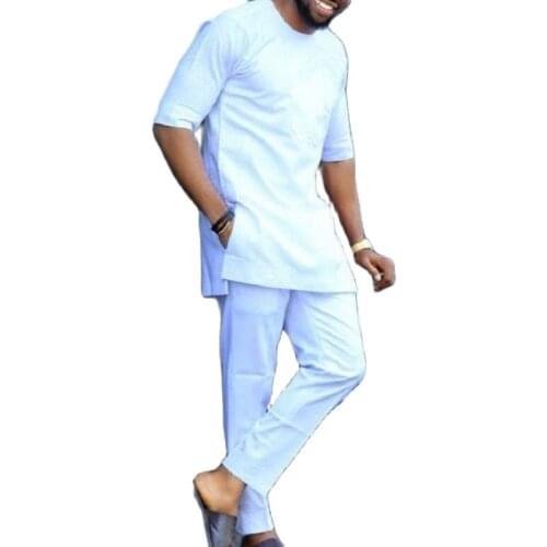 African Party Mens Pant Set Short Sleeve Custom Made Plus Size Solid White Tops+Trousers Drop Shipping