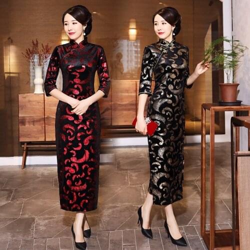 Autumn and winter gold velvet cheongsam long daily banquet mid-length three-quarter sleeves plus size cheongsam mother dress
