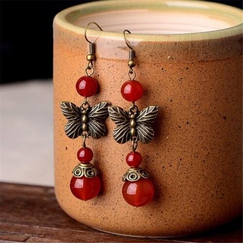 Vintage Fashion Boho Ethnic Drop Earring Round Red Agate Long Dangle Earrings Cute Butterfly Retro Gold Color Earrings For Women