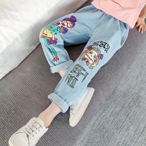 0-12Y Ripped Jeans For Kids Girls High Waist Jeans Toddler Baby Personality Doodle Print Jeans Teens Elastic Waist Slim Trousers