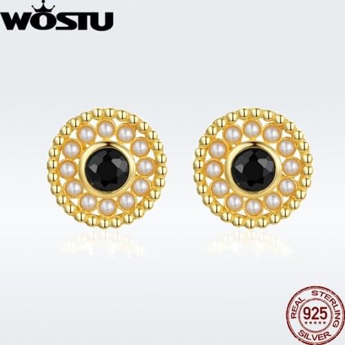 WOSTU Authentic 925 Sterling Silver Earring Original Golden Pearl Stud Earring For Women Making Fashion Jewelry Gift BNE080