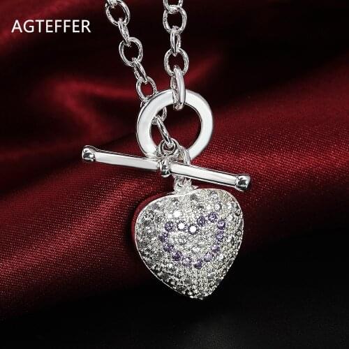 AGTEFFER 925 Sterling Silver 18 Inch Purple AAA Zircon TO Chain Heart Pendant Necklace For Women Fashion Wedding Charm Jewelry
