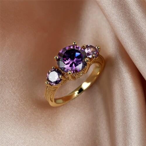 Cute Female Purple Crystal Stone Jewelry Dainty Gold Color Wedding Thin Rings For Women Vintage Bride Round Engagement Ring