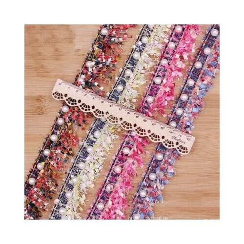 1 yard small fragrance high-grade color tassel ribbon with pearl nail lace DIY clothing tiara hairpin home sewing accessories